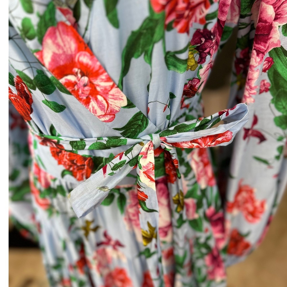 Gibson + Latimer NWT SZ XL Floral Midi Dress Blue Pink Wrap Tiered Puff Sleeve - Picture 5 of 15